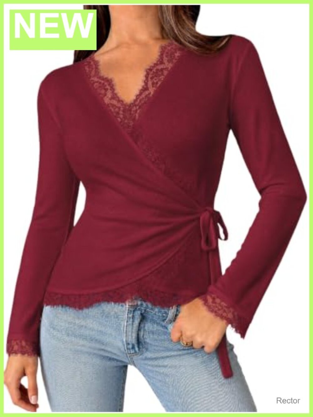 Womens Long Sleeve Lace Blouse Slim Fit V Neck Wrap Top with Belt